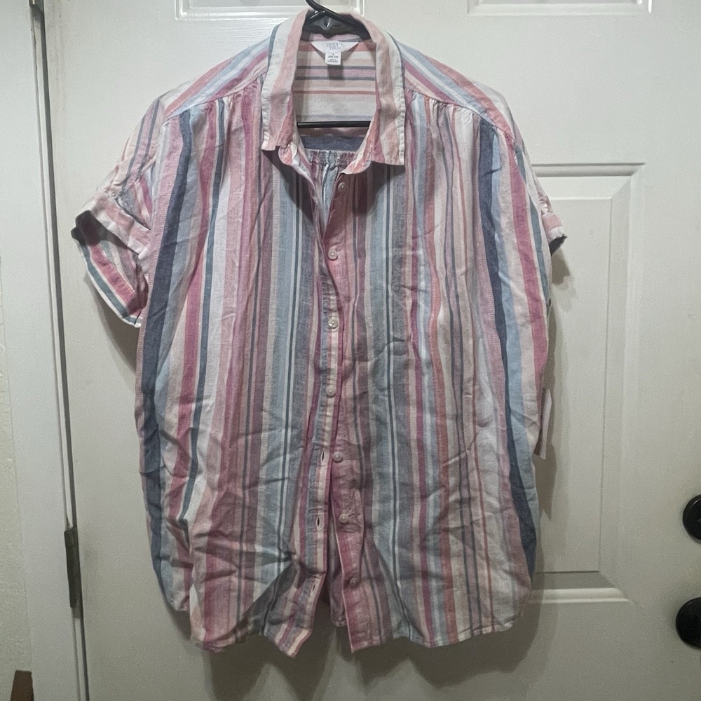 Time and Tru Button Front Blouse Womens Large Striped Linen Lyocell Short Sleeve